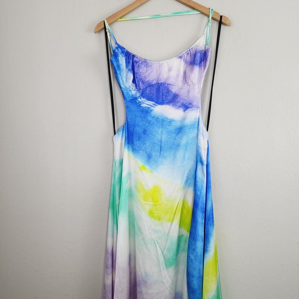 Retrofête Scarlett Silk Maxi Gown Watercolor Wave Tie-Dye Open Back NWOT Large - Picture 11 of 16
